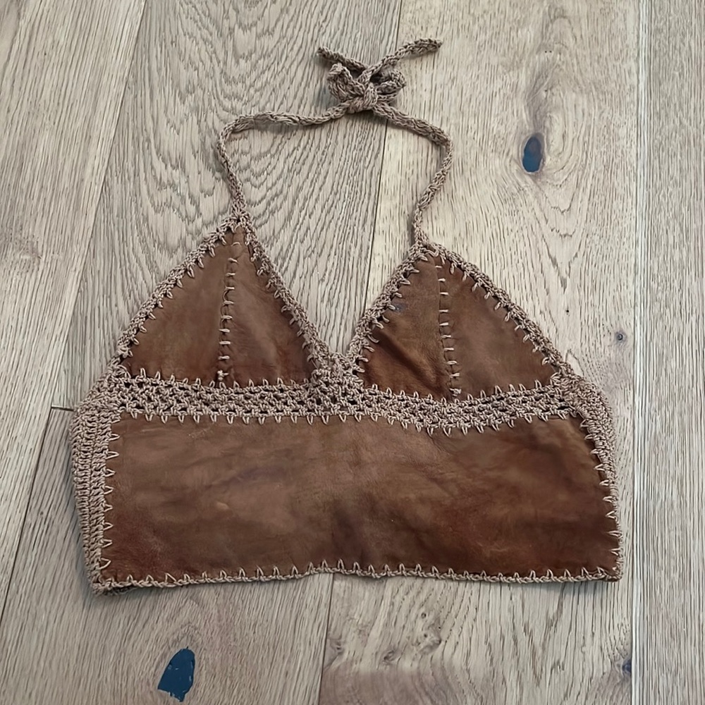 Brown Leather Crochet-Trim Halter Crop Top